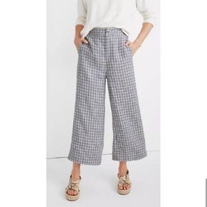 Madewell Linen Huston Button Front Crop Wide Leg Pants Check Blue Cream Size M